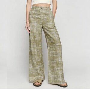 Reformation Jameson Linen Pant Wide Leg Olive Green Abstract print Burlap Pocket